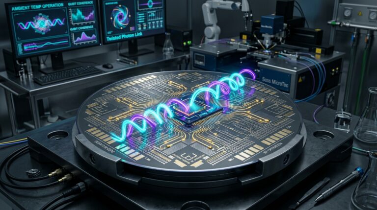 אילוסטרציה עתידנית של שבב סיליקון ננומטרי המייצר שזירה קוונטית בטמפרטורת החדר באמצעות אלומות אור מעוותות (Twisted Light)