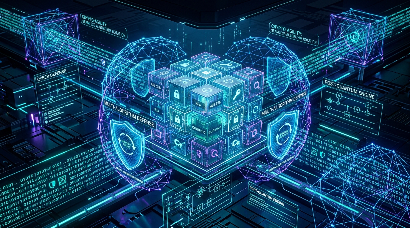 אילוסטרציה עתידנית המציגה ארכיטקטורת Crypto-Agility והצפנה פוסט-קוואנטית עם מנגנוני הגנה רב-שכבתיים ורוטציית אלגוריתמים מודולרית